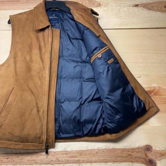 Brooks Brothers Suede Vest Mens Small Brown Full Zip Insulated Down Puffer - Picture 12 of 16